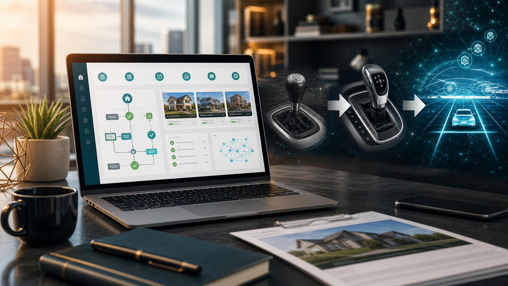 AI-powered real estate automation dashboard on a modern office desk