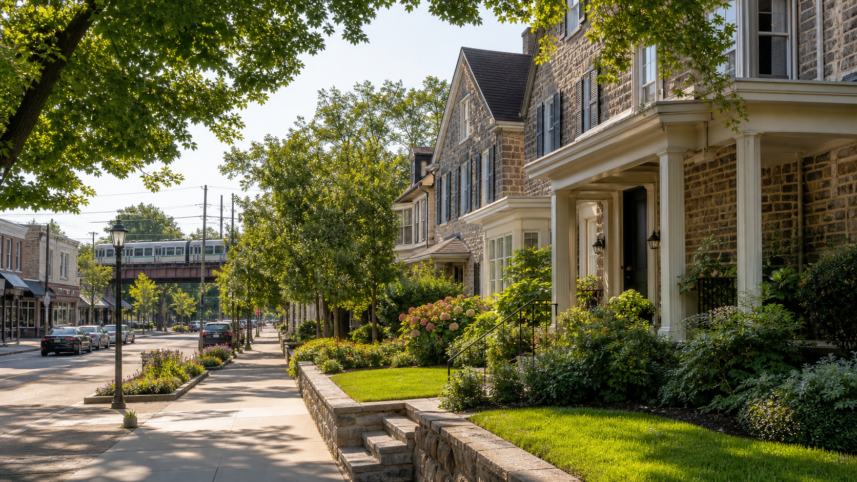 Tree-lined Jenkintown area street with stone homes, storefronts, and regional rail nearby