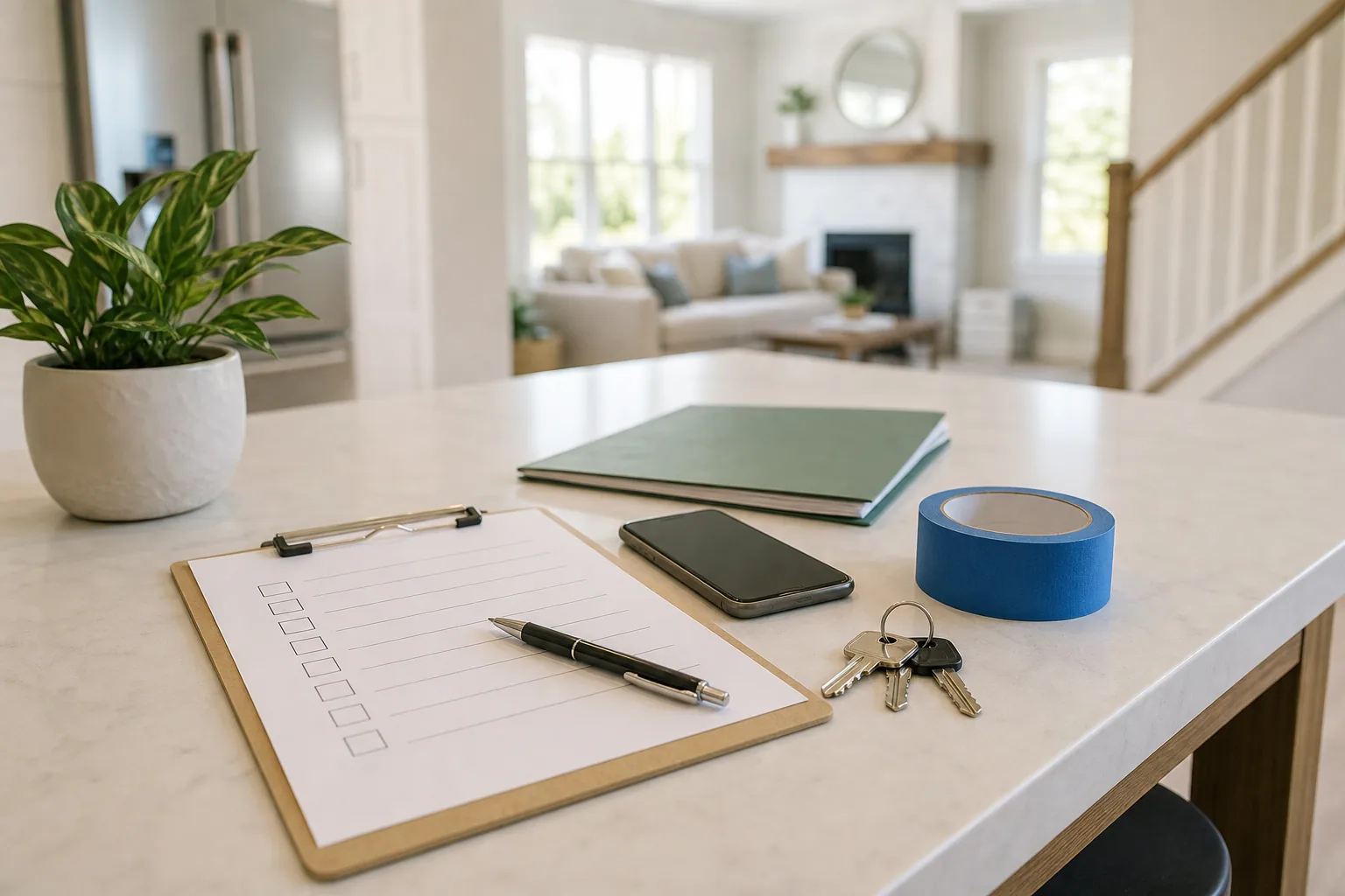 Pennsylvania buyer final walk-through checklist, house keys, phone, and painter's tape on a kitchen island