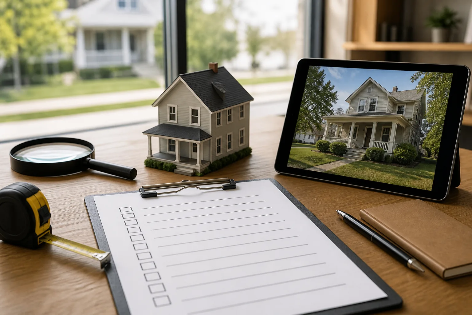 Investment property due diligence checklist with a house model, magnifying glass, tape measure, and property tablet