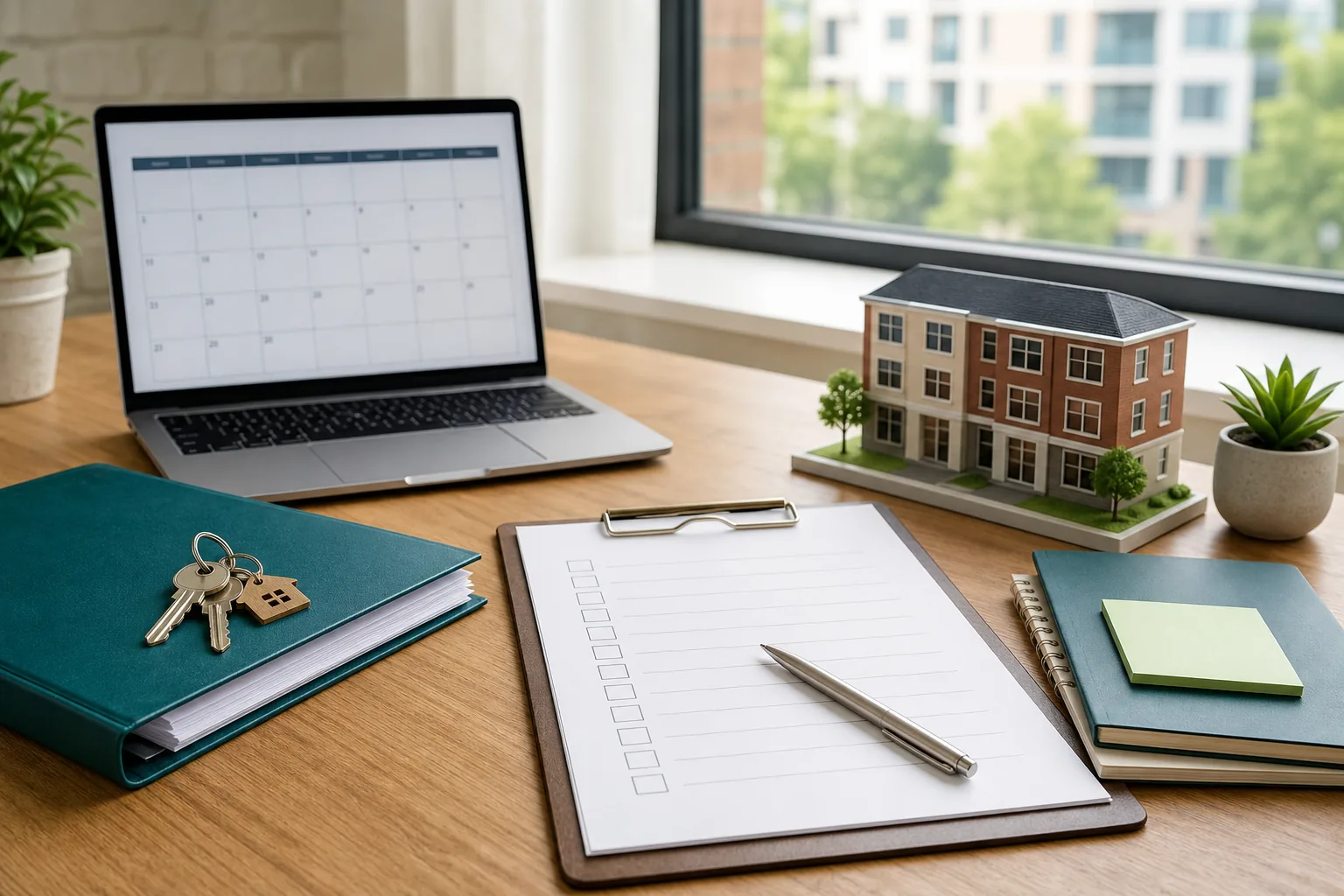 Lease renewal planning checklist, calendar, keys, and property management folders on a desk