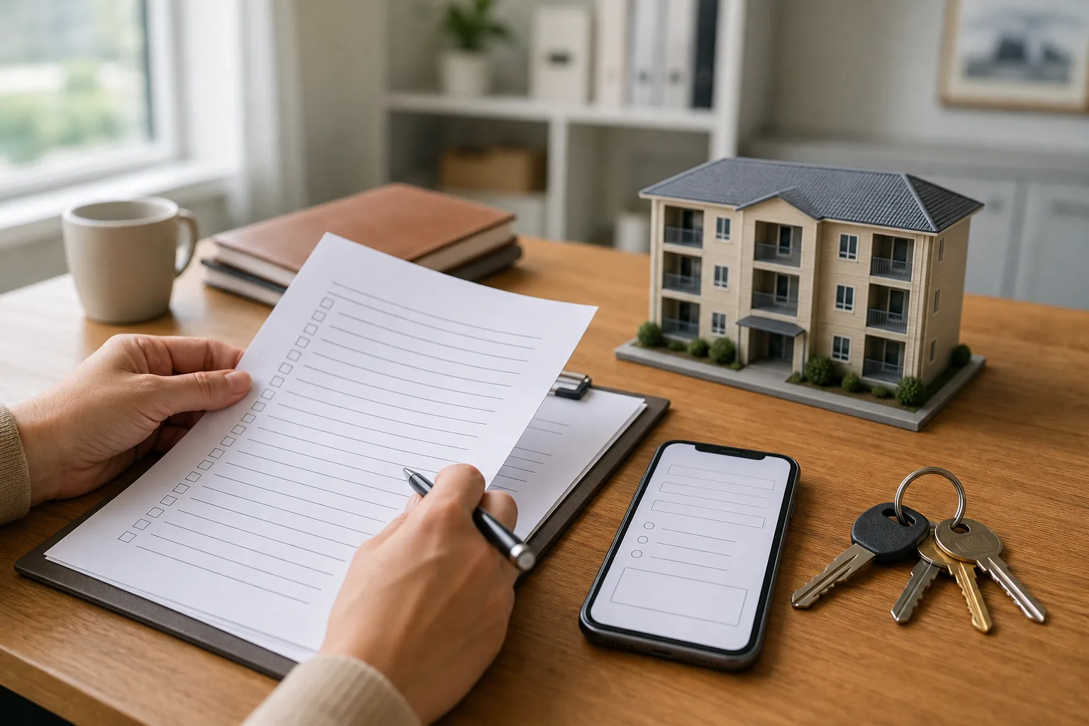 Maintenance request checklist, smartphone form, keys, and apartment building model on a property management desk