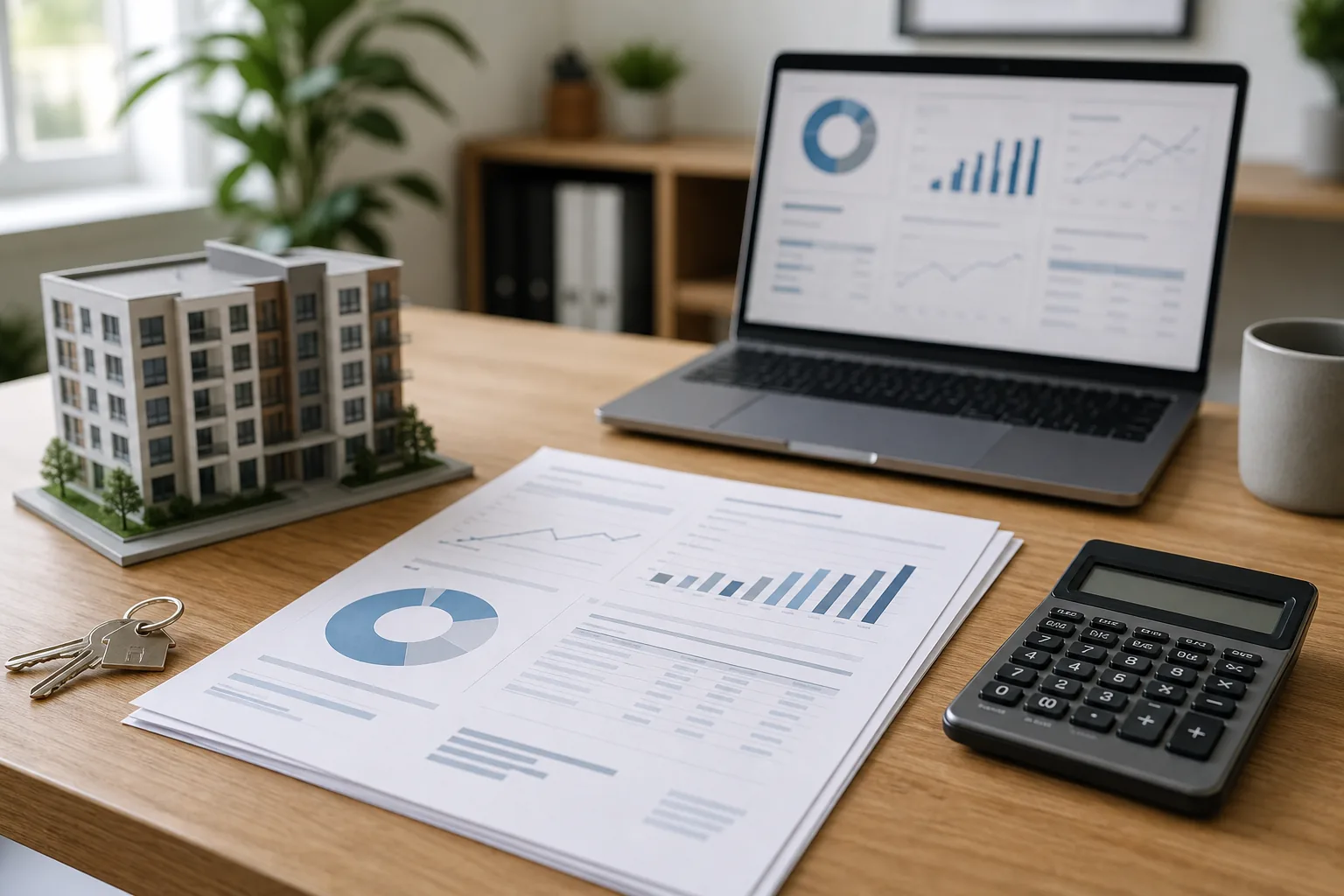 Property reporting dashboard, calculator, keys, and apartment building model on a property management desk