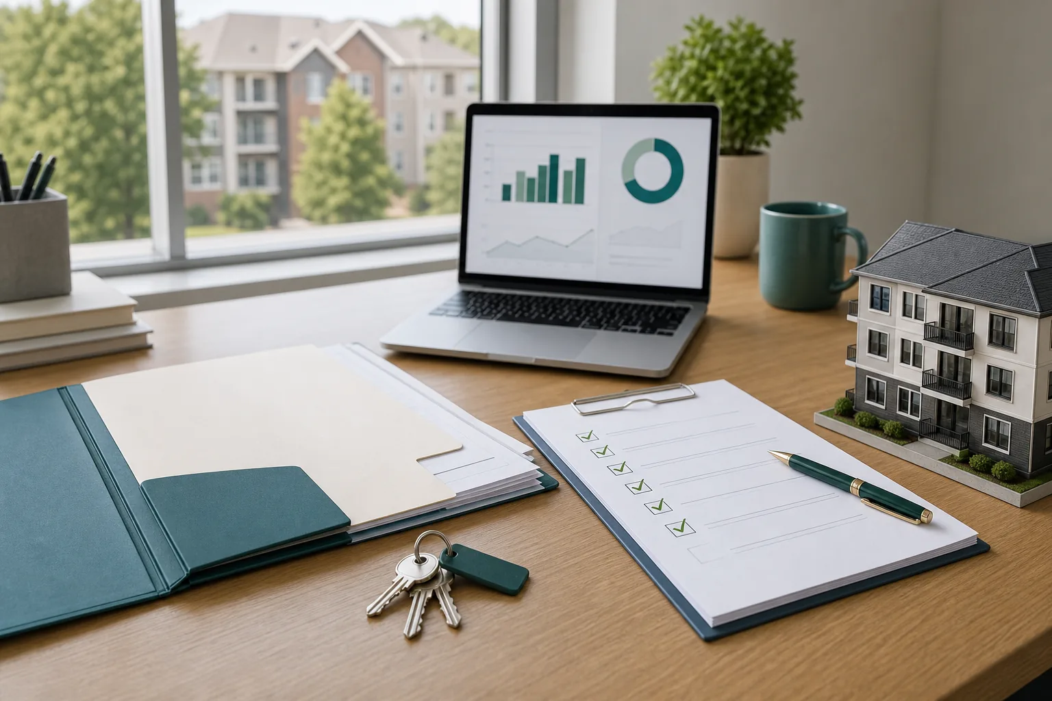Property owner onboarding folder, checklist, keys, dashboard, and residential building model on a property management desk