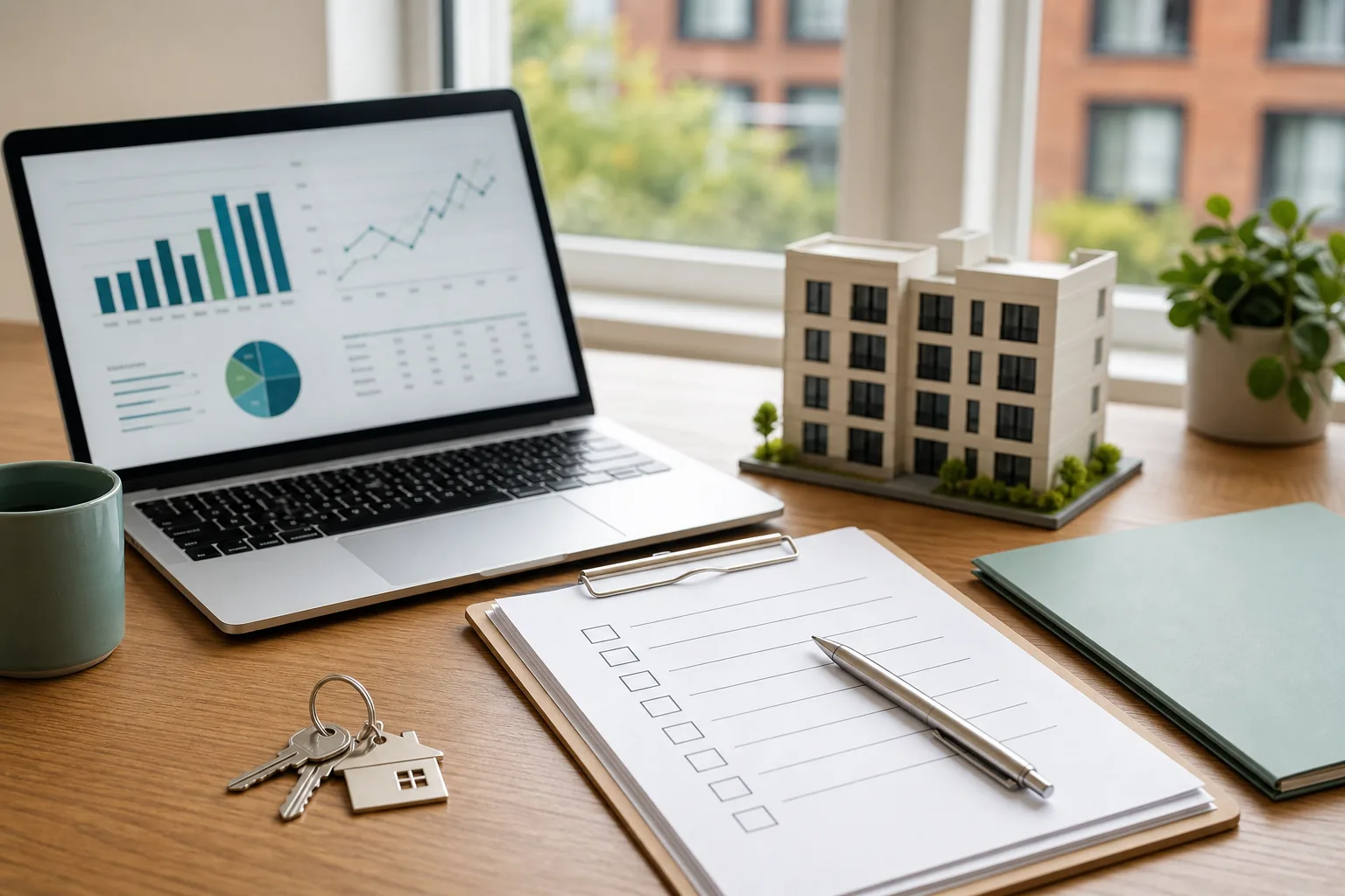 Rental pricing charts, checklist, keys, and apartment building model on a property management desk