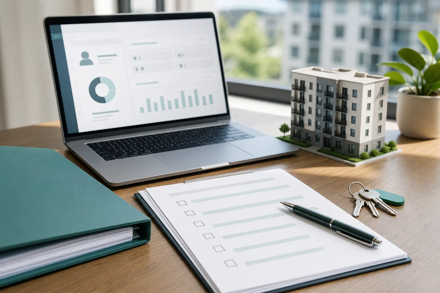 Rental application screening dashboard, checklist, keys, and apartment building model on a property management desk