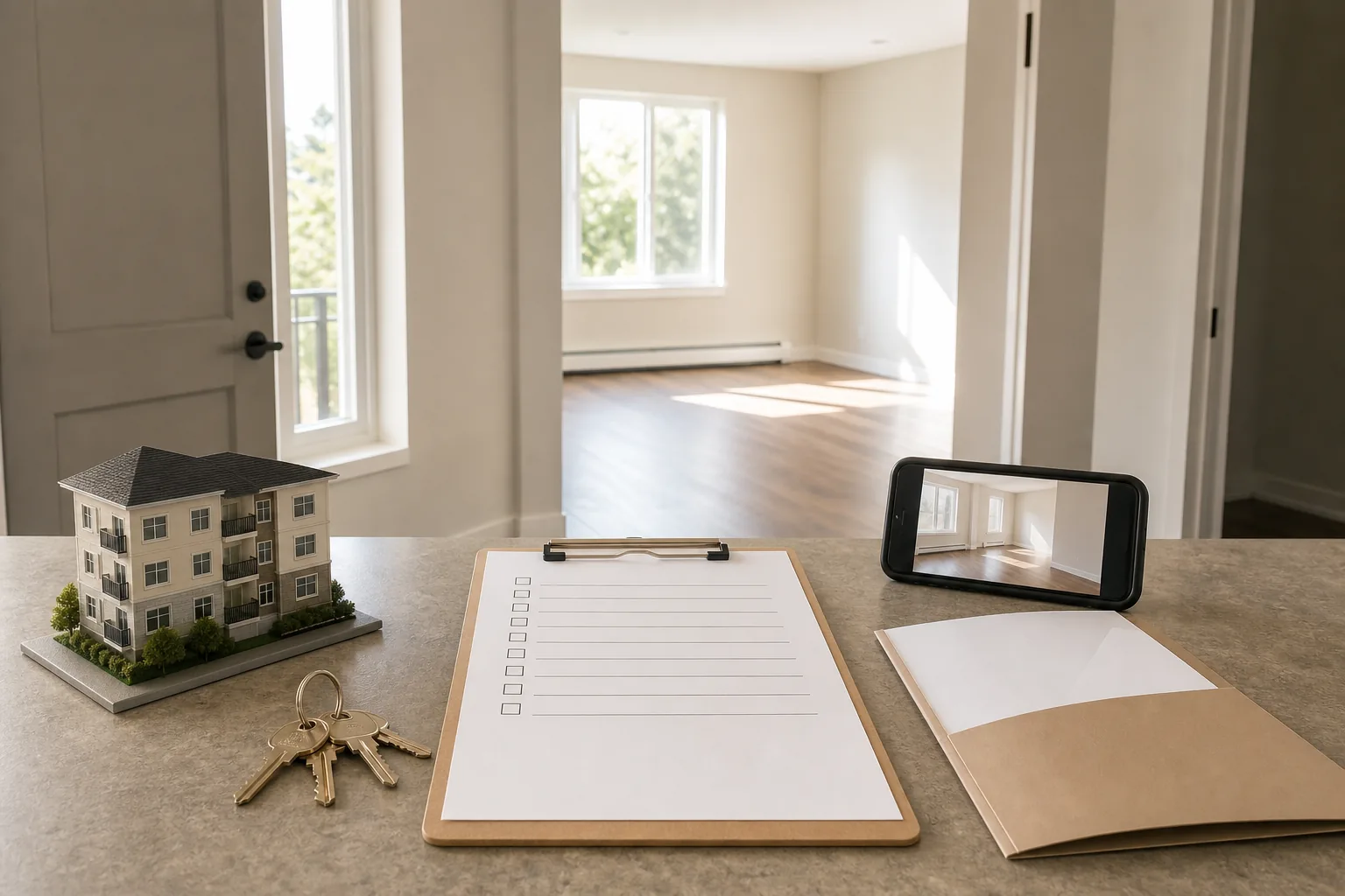 Move-in condition checklist, keys, apartment model, and phone camera in a bright rental apartment