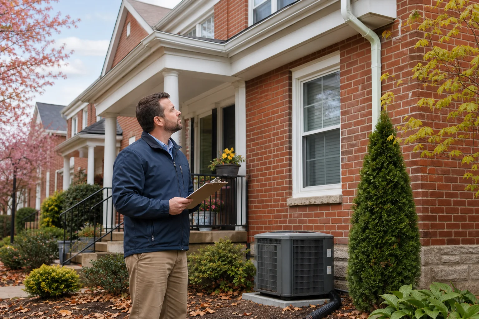 A property professional inspecting a brick Pennsylvania home, gutters, and outdoor equipment