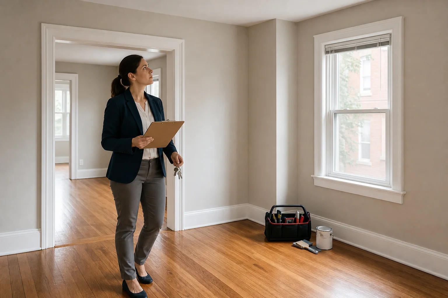 A property manager inspecting a clean, empty Pennsylvania rental home with a clipboard and keys