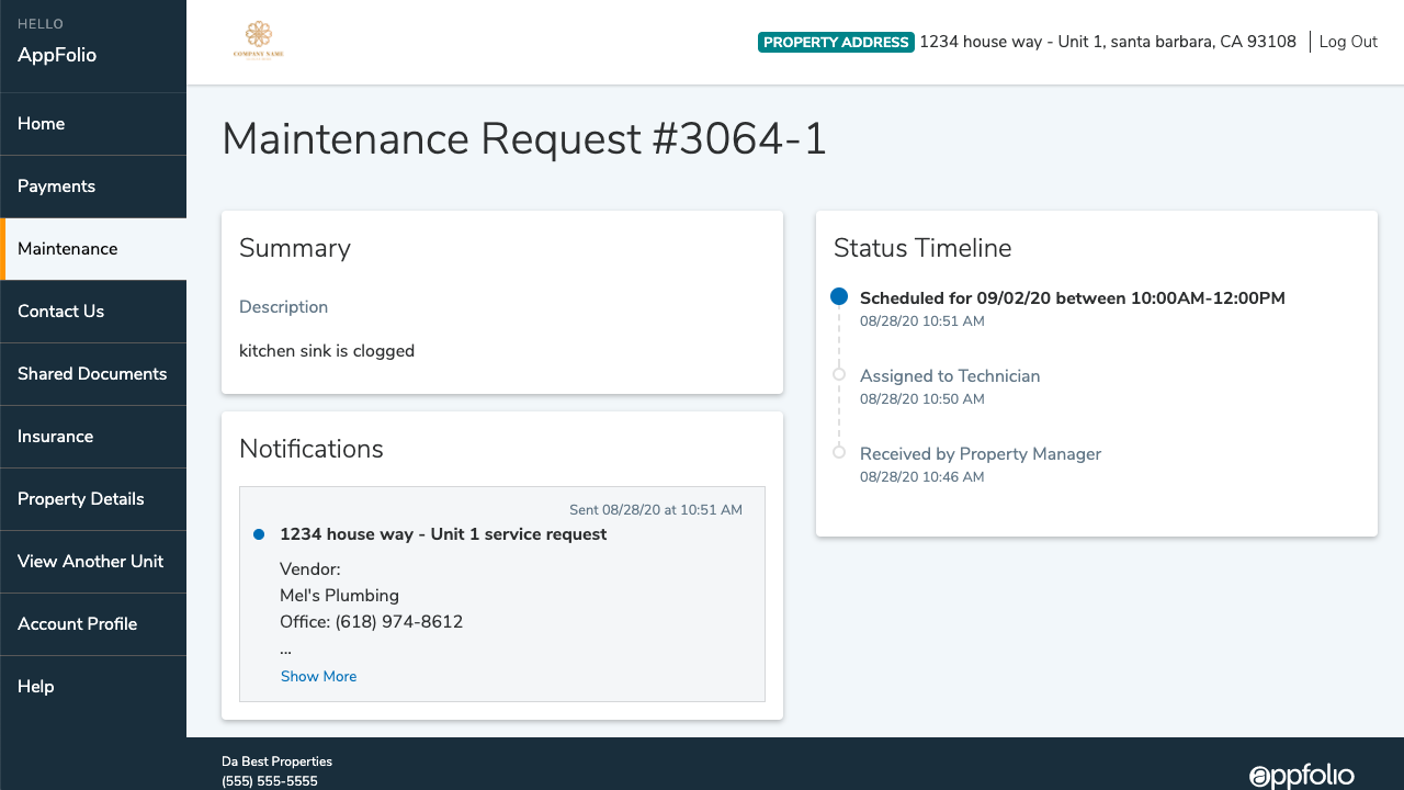 Example AppFolio maintenance request showing summary, notifications, and status timeline